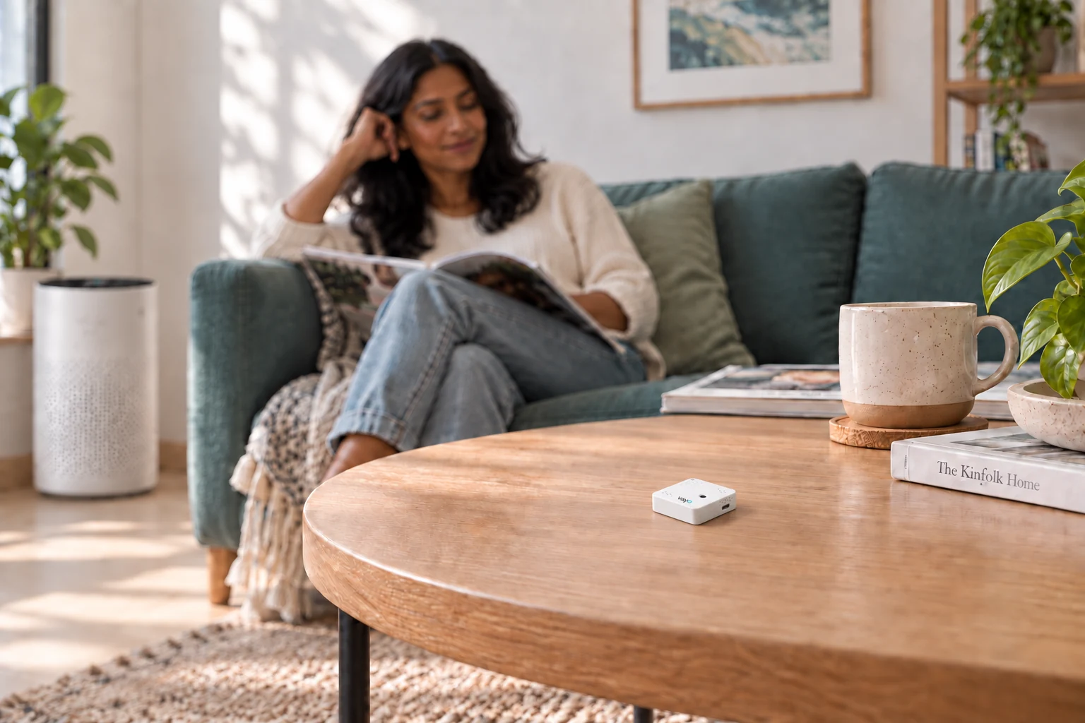 Vayo One on a coffee table in a light-filled living room beside an air purifier